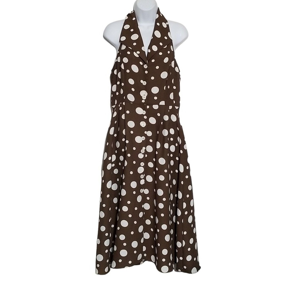 Vintage 90s Womens Dress Brown Polka Dot Fit Flare Button Sleeveless SL Fashion